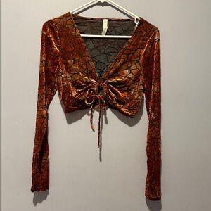 Velvet Drawstring Cropped Long Sleeve Top - Copper Brown